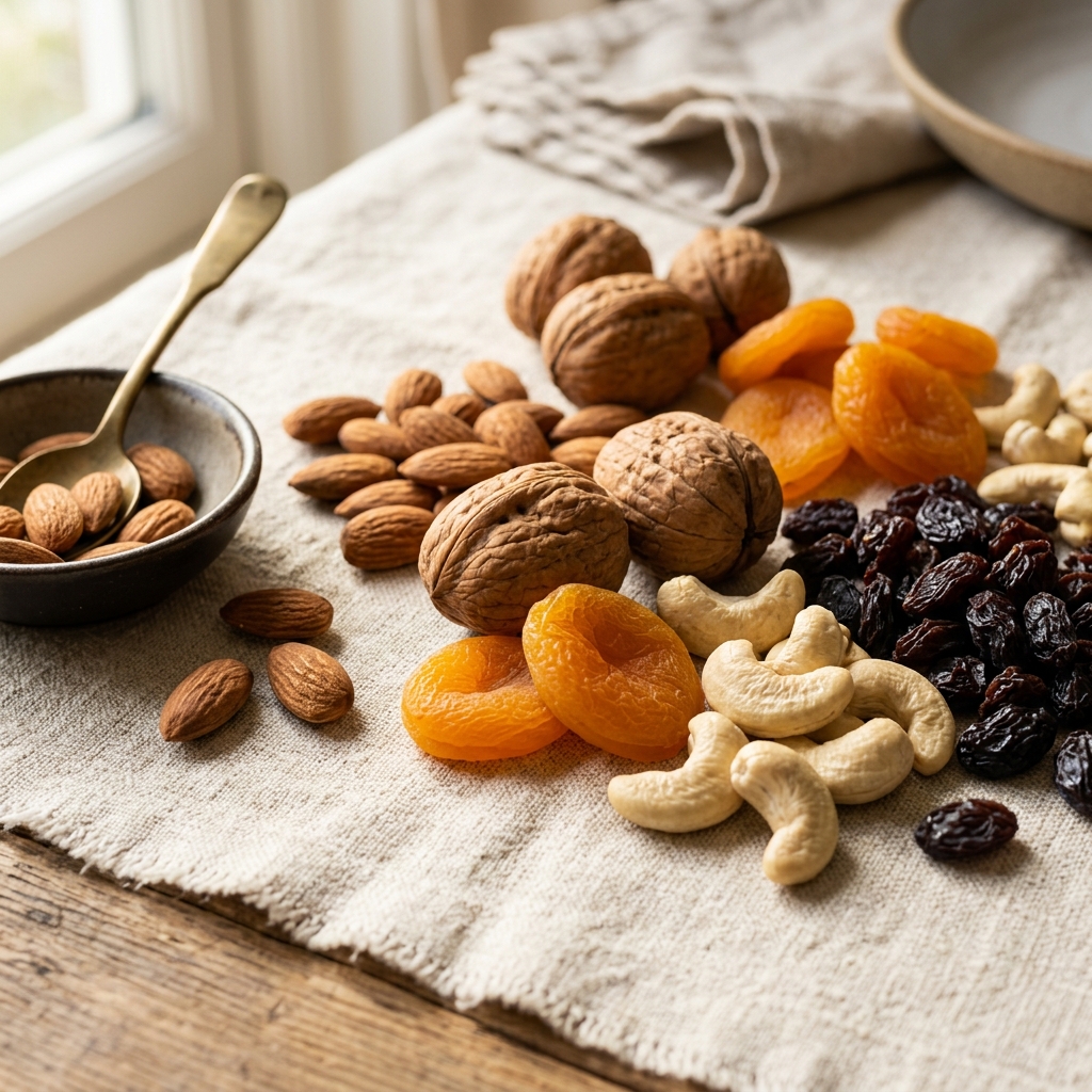 Nuts, dried apricots and raisins on linen fabric